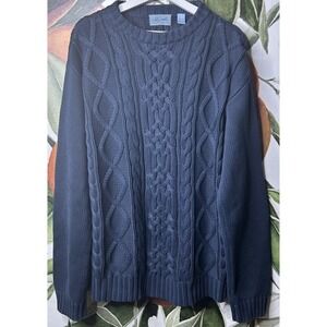 Sperry Top Sider Mens XL Naby Blue Crew Neck Cable Knit Pullover Sweater Cotton